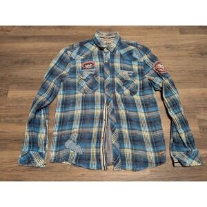 Affliction Black Premium Plaid Long Sleeve Shirt Men's‎ Size L Blue Yellow Red